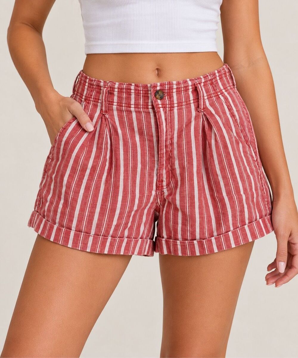 American Eagle Size 10 Red White Striped Linen Blend High Rise Shorts